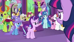Size: 1280x720 | Tagged: safe, derpibooru import, screencap, discord, double diamond, mayor mare, night glider, party favor, starlight glimmer, sugar belle, sunburst, thorax, trixie, twilight sparkle, twilight sparkle (alicorn), alicorn, changedling, changeling, draconequus, pony, unicorn, celestial advice, equestrian pink heart of courage, king thorax, reformed four, twilight's castle