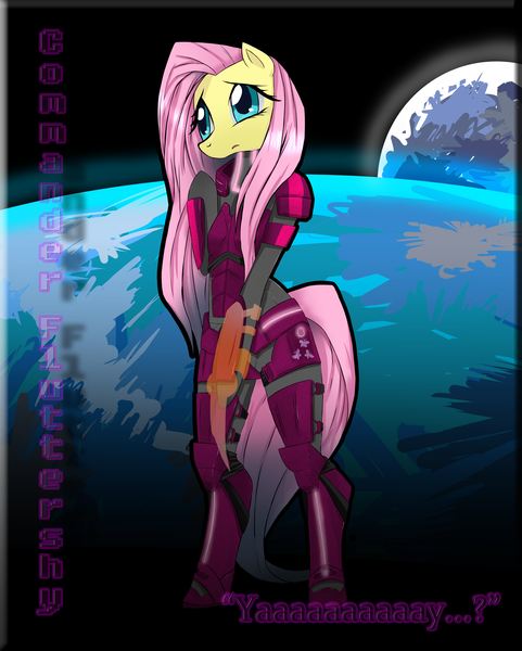 Size: 4388x5469 | Tagged: safe, artist:annamaru, derpibooru import, fluttershy, pony, absurd resolution, armor, bipedal, mass effect, omni-blade, omni-tool, solo