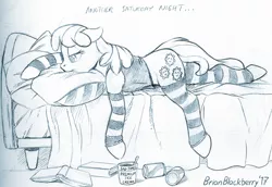 Size: 800x551 | Tagged: safe, artist:brianblackberry, derpibooru import, cheerilee, earth pony, pony, bed, book, clothes, female, floppy ears, food, ice cream, mare, monochrome, pillow, prone, sad, sketch, socks, solo, striped socks