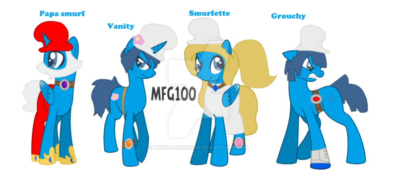 Size: 1024x458 | Tagged: safe, artist:mixelfangirl100, derpibooru import, ponified, alicorn, earth pony, pegasus, pony, unicorn, crossover, papa smurf, simple background, smurfs, the smurfs, transparent background, watermark