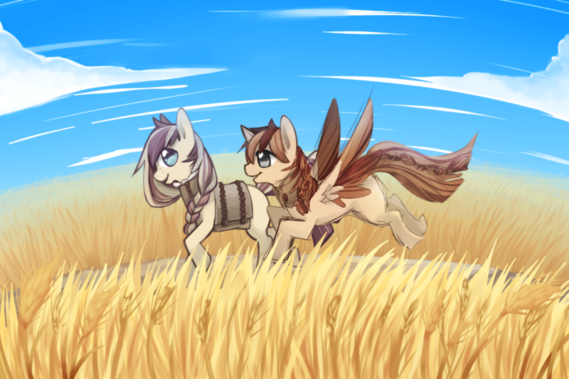 Size: 1280x853 | Tagged: safe, artist:mousu, derpibooru import, oc, unofficial characters only, earth pony, pegasus, pony, crops, duo, flying, profile, road, walking