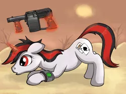 Size: 2048x1536 | Tagged: safe, artist:negasun, derpibooru import, oc, oc:blackjack, unofficial characters only, pony, unicorn, fallout equestria, fallout equestria: project horizons, cute, female, gun, levitation, looking at something, magic, mare, pipbuck, solo, telekinesis, weapon