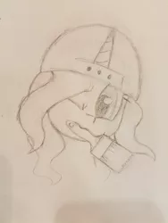 Size: 768x1024 | Tagged: safe, artist:masserey, derpibooru import, fresh coat, pony, unicorn, backwards ballcap, baseball cap, bust, cap, female, floppy ears, grayscale, hat, looking at you, mare, monochrome, mouth hold, one eye closed, paintbrush, sketch, solo, traditional art, wink