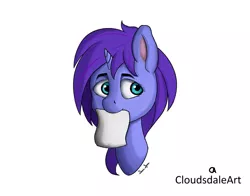 Size: 1024x804 | Tagged: safe, artist:cloudsdaleart, derpibooru import, oc, oc:seafood dinner, unofficial characters only, pony, unicorn, bust, mouth hold, paper, purple mane, simple background, solo, white background