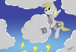 Size: 1280x873 | Tagged: safe, artist:gift, derpibooru import, derpy hooves, pegasus, pony, cloud, flying, gray, silly, silly pony, sky, solo, this will not end well, thunder