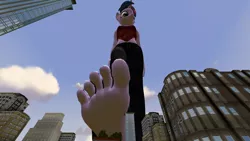 Size: 3020x1698 | Tagged: 3d, anthro, artist:shrunkenlover, barefoot, building, city, clothes, crush fetish, derpibooru import, feet, female, giantess, macro, midriff, pants, perspective, plantigrade anthro, pov, semi-grimdark, solo, this will end in pain, twilight sparkle