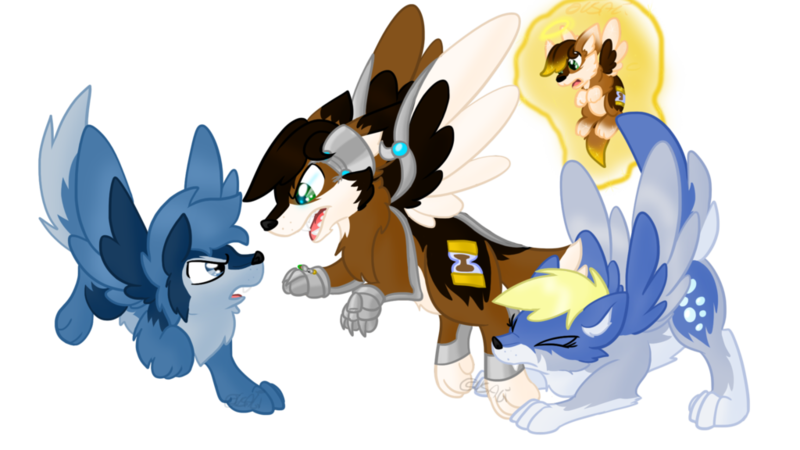 Size: 1024x576 | Tagged: safe, artist:usagi-zakura, derpibooru import, derpy hooves, star hunter, oc, oc:mister clever, cyborg, pegasus, pony, wolf, chibi angel doctor, cyberwolf, doctor who, eleventh doctor, female, jack harkness, mare, my little wolf