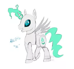 Size: 1628x1538 | Tagged: safe, artist:theshadowstone, derpibooru import, oc, oc:ai.corn, unofficial characters only, alicorn, pony, robot, robot pony, alicorn oc, colored sketch, glowing horn, magic, male, open mouth, simple background, smiling, solo, stallion, white background