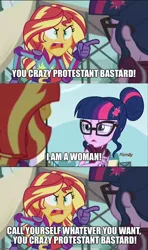 Size: 800x1350 | Tagged: safe, derpibooru import, edit, edited screencap, screencap, sci-twi, sunset shimmer, twilight sparkle, equestria girls, friendship games, angry, exploitable meme, father alexander anderson, hellsing, hellsing ultimate, hellsing ultimate abridged, image macro, meme, sir integra, sunset yells at twilight, vulgar