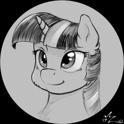 Size: 900x900 | Tagged: safe, artist:amarynceus, deleted from derpibooru, derpibooru import, twilight sparkle, pony, unicorn, bust, cheek fluff, ear fluff, female, grayscale, mare, monochrome, portrait, solo