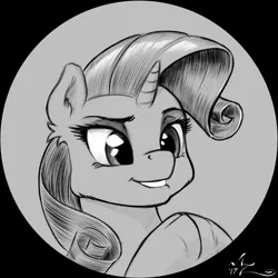 Size: 900x900 | Tagged: safe, artist:amarynceus, deleted from derpibooru, derpibooru import, rarity, pony, unicorn, bust, cloven hooves, female, lip bite, mare, monochrome, portrait, solo