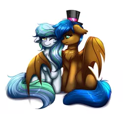 Size: 1261x1173 | Tagged: safe, artist:confetticakez, derpibooru import, oc, unofficial characters only, bat pony, pony, bat pony oc, commission, crying, hat, hug, hurt/comfort, raised hoof, simple background, sitting, top hat, white background, winghug