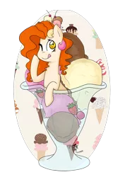 Size: 2900x3867 | Tagged: safe, artist:miss-racco0n, derpibooru import, oc, unofficial characters only, earth pony, pony, abstract background, female, food, ice cream, mare, one eye closed, simple background, solo, sundae, tongue out, transparent background, wink