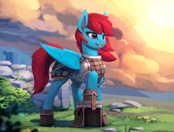 Size: 760x577 | Tagged: safe, artist:rodrigues404, derpibooru import, oc, oc:wind raider, unofficial characters only, pegasus, pony, animated, cinemagraph, clothes, cloud, commission, female, gif, mare, scenery, sky, smiling, solo