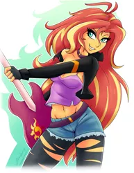 Size: 5100x6600 | Tagged: safe, artist:ambris, derpibooru import, sunset shimmer, equestria girls, absurd resolution, beautiful, beautisexy, belly button, belt, blushing, breasts, busty sunset shimmer, clothes, colored pupils, denim shorts, electric guitar, female, fingerless gloves, gloves, grin, guitar, jacket, leather jacket, long hair, looking at you, metal girl, midriff, musical instrument, ripped pantyhose, sexy, shorts, smiling, solo, sunset shredder, tanktop, torn clothes