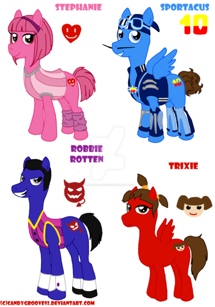 Size: 1024x1463 | Tagged: safe, artist:italianinjartist, derpibooru import, ponified, earth pony, pegasus, pony, crossover, italian source, lazytown, robbie rotten, simple background, smiling, sportacus, stephanie, transparent background, trixie (lazytown)