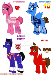 Size: 1024x1463 | Tagged: safe, artist:italianinjartist, derpibooru import, ponified, earth pony, pegasus, pony, crossover, italian source, lazytown, robbie rotten, simple background, smiling, sportacus, stephanie, transparent background, trixie (lazytown)