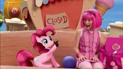 Size: 1280x720 | Tagged: artist needed, safe, derpibooru import, pinkie pie, human, pony, apple, crossover, eating, food, irl, lazytown, photo, pink, pink hair, ponies in real life, spanish source, stephanie, stephanie meanswell