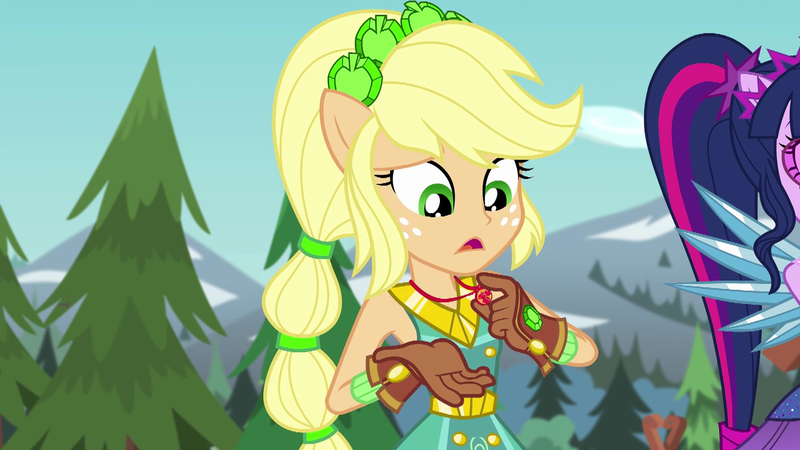 Size: 1280x720 | Tagged: safe, derpibooru import, screencap, applejack, sci-twi, twilight sparkle, equestria girls, legend of everfree, clothes, crystal guardian, crystal wings, freckles, gloves, jewelry, mountain, necklace, open mouth, ponied up, pony ears, super ponied up, tree, wings