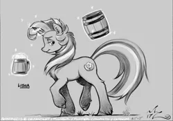 Size: 1200x840 | Tagged: safe, artist:amarynceus, deleted from derpibooru, derpibooru import, oc, oc:lithia viridis, unofficial characters only, pony, unicorn, alcohol, beer, female, keg, magic, mare, monochrome, mug, solo