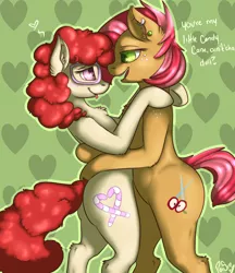 Size: 824x954 | Tagged: safe, artist:poisindoodles, derpibooru import, babs seed, twist, earth pony, pony, semi-anthro, babstwist, bipedal, couple, cute, ear piercing, earring, female, filly, heart, hug, jewelry, lesbian, piercing, shipping, shoulder freckles