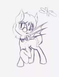 Size: 1280x1656 | Tagged: safe, artist:malwinters, derpibooru import, oc, oc:wind chime, unofficial characters only, bat pony, pony, bell, bell collar, collar, female, glasses, mare, monochrome, raised hoof, sketch, solo, spread wings, wings