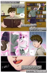Size: 979x1500 | Tagged: anthro, artist:amaraburrger, blood, book, breasts, busty sweetie belle, comic, comic:my little daydream, derpibooru import, female, god damn it discord, human, human to pony, implied discord, library, magic, nosebleed, oc, older, patreon, suggestive, sweetie belle, the twilight zone, transformation