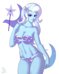 Size: 1600x2000 | Tagged: suggestive, artist:souladdicted, derpibooru import, edit, trixie, equestria girls, belly button, bra, breasts, busty trixie, clothes, collarbone, colored skin, curvy, female, hourglass figure, looking at you, panties, purple underwear, simple background, smiling, solo, solo female, starry underwear, strapless bra, stupid sexy trixie, transparent background, underwear