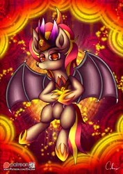 Size: 877x1240 | Tagged: safe, artist:calena, derpibooru import, oc, unofficial characters only, pony, succubus, abstract background, bat wings, crown, energy, flying, gold, horseshoes, jewelry, nose piercing, nose ring, patreon, patreon logo, piercing, regalia, solo