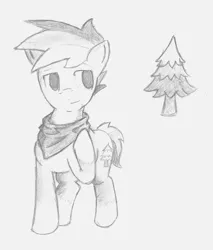 Size: 822x966 | Tagged: safe, artist:spackle, derpibooru import, oc, oc:buck evergreen, unofficial characters only, earth pony, pony, bandana, male, monochrome, pencil drawing, raised hoof, solo, traditional art