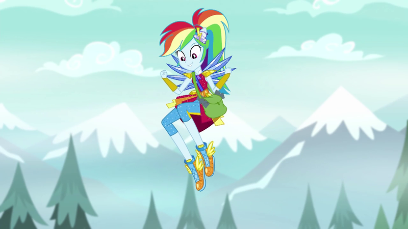 Size: 1280x720 | Tagged: safe, derpibooru import, screencap, rainbow dash, equestria girls, legend of everfree, clothes, crystal guardian, crystal wings, female, flying, legend you were meant to be, mountain, pants, ponied up, shoes, shoulder bag, sneakers, solo, super ponied up, tree, winged shoes, wings