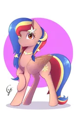 Size: 1200x1920 | Tagged: safe, artist:laptop-pone, derpibooru import, oc, oc:pearl shine, ponified, unofficial characters only, pegasus, pony, female, flower, hairband, jewelry, looking at you, mare, mascot, moon, nation ponies, necklace, philippines, raised hoof, signature, simple background, smiling, solo, stars, white background