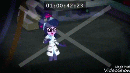 Size: 427x240 | Tagged: safe, derpibooru import, edit, edited screencap, screencap, sci-twi, twilight sparkle, eqg summertime shorts, equestria girls, mad twience, animated, clothes, eyes closed, gif, glasses, gloves, lab coat, pants, shoes, smiling, solo