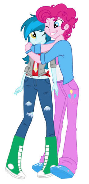 Size: 1261x2604 | Tagged: safe, artist:mlprocker123, derpibooru import, pinkie pie, thunderbass, equestria girls, adoraberry, blu lightning, bubble berry, clothes, cute, equestria guys, female, hug, looking back, male, one eye closed, pinkiebass, rule 63, rule63betes, shipping, simple background, smiling, straight, transparent background, wink