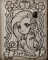 Size: 1495x1836 | Tagged: safe, artist:gensokishidan, derpibooru import, part of a set, fluttershy, pegasus, pony, bust, clothes, flower, flower in hair, hooves together, ink drawing, looking at you, monochrome, name, portrait, solo, traditional art