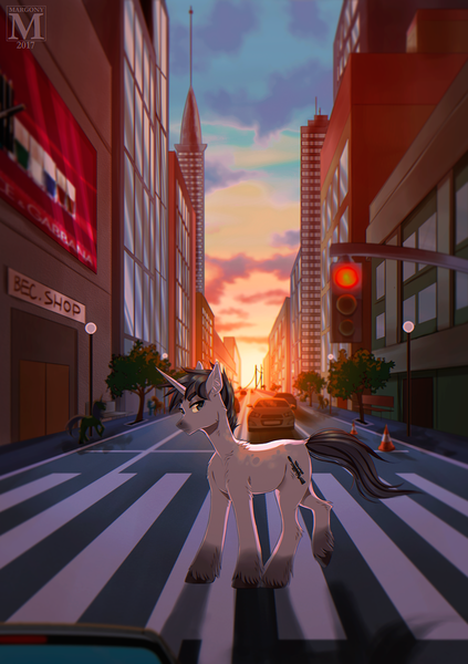 Size: 1000x1420 | Tagged: safe, artist:margony, derpibooru import, oc, unofficial characters only, pony, building, commission, skyscraper, solo, stoplight, street, traffic cone, traffic light