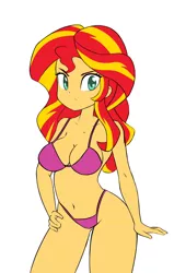 Size: 954x1500 | Tagged: suggestive, artist:hidden-cat, derpibooru import, edit, editor:marno, sunset shimmer, equestria girls, belly button, big breasts, bikini, bikini babe, breasts, busty sunset shimmer, cleavage, clothes, female, panties, pink underwear, sexy, simple background, solo, solo female, stupid sexy sunset shimmer, swimsuit, white background