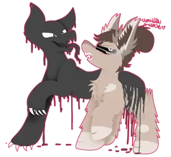 Size: 1024x944 | Tagged: safe, artist:vanillaswirl6, derpibooru import, oc, unnamed oc, unofficial characters only, demon, demon pony, earth pony, pony, annoyed, behaving like a dog, black sclera, cheek fluff, chest fluff, chibi, claws, colored eyelashes, colored hooves, commission, corrupted, dripping, duo, ear fluff, fangs, female, fluffy, four eyes, hair bun, looking away, markings, monster, multicolored fur, open mouth, raised hoof, sharp teeth, spots, teeth, tongue out, white eyes