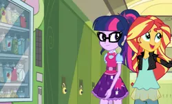 Size: 1254x756 | Tagged: safe, artist:eduardonunes109, derpibooru import, sci-twi, sunset shimmer, twilight sparkle, equestria girls, bowtie, clothes, glasses, jacket, leather jacket, lockers, ponytail, skirt, vending machine