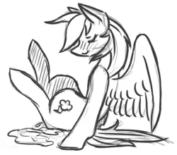 Size: 593x521 | Tagged: suggestive, artist:pockypocky, derpibooru import, rainbow dash, pegasus, pony, accident, black, black and white, blushing, female, grayscale, legs in air, mare, monochrome, need to pee, omorashi, pissing, potty time, shy, sitting, sketch, solo, urine, wetting, white, wings