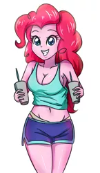 Size: 2007x3472 | Tagged: suggestive, artist:sumin6301, derpibooru import, pinkie pie, equestria girls, armpits, belly button, big breasts, blue eyes, braless, breasts, busty pinkie pie, cleavage, clothes, cup, drink, female, grin, happy, looking at you, midriff, panties, pink skin, sexy, shorts, simple background, smiling, smiling at you, solo, solo female, tanktop, thong, underwear, white background