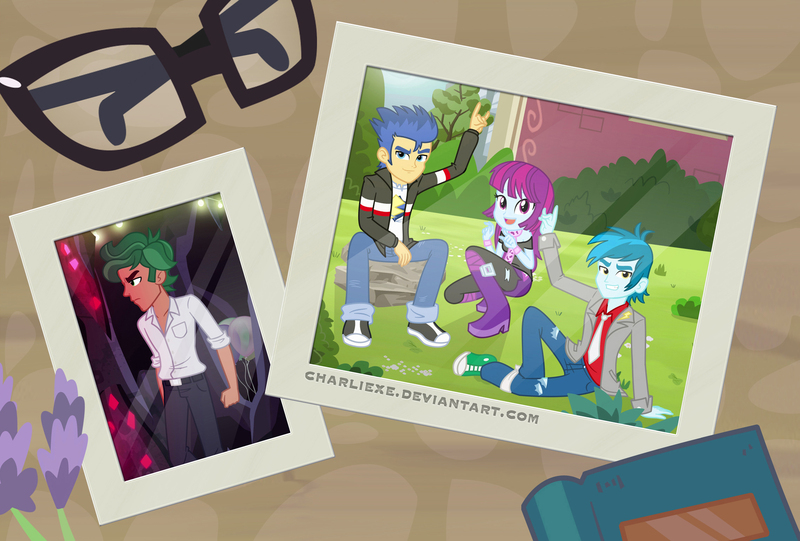 Size: 2279x1541 | Tagged: safe, artist:charliexe, derpibooru import, flash sentry, mystery mint, thunderbass, timber spruce, equestria girls, legend of everfree, angry, background human, balloon, book, boots, bracelet, canterlot high, clothes, crystal gala, flower, glasses, grin, high heel boots, jacket, jewelry, looking at you, necktie, open mouth, pants, photo, rock, rocker, rockers, scarf, shoes, sitting, smiling, sneakers, tree