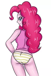 Size: 2362x3472 | Tagged: suggestive, artist:sumin6301, derpibooru import, pinkie pie, equestria girls, ass, balloonbutt, clothes, female, looking at you, looking back, looking back at you, panties, pinkie pie is not amused, rear view, simple background, solo, solo female, striped underwear, unamused, underwear, white background