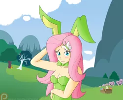 Size: 1600x1300 | Tagged: animal costume, artist:mechanized515, basket, bunny ears, bunny suit, clothes, costume, derpibooru import, easter, easter basket, easter bunny, easter egg, fluttershy, human, humanized, solo, suggestive