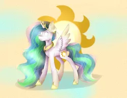 Size: 3585x2785 | Tagged: safe, artist:jemmiej18, artist:scenicstar, derpibooru import, princess celestia, alicorn, pony, collaboration, crown, jewelry, regalia, solo, spread wings, sun, white eyes, wings