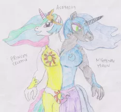 Size: 811x754 | Tagged: anthro, artist:whippetwild, conjoined, conjoined royal sisters, derpibooru import, multiple heads, nightmare moon, princess celestia, safe, traditional art, two heads