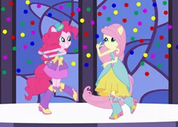 Size: 700x500 | Tagged: safe, artist:ktd1993, derpibooru import, fluttershy, pinkie pie, equestria girls, balloon, boots, bracelet, dancing, fall formal outfits, female, flutterpie, high heel boots, jewelry, lesbian, ponied up, pony ears, ponytail, raised leg, shipping