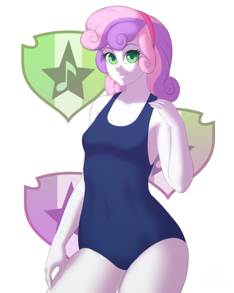 Size: 2400x3000 | Tagged: suggestive, artist:souladdicted, derpibooru import, sweetie belle, equestria girls, breasts, clothes, colored pupils, cutie mark, female, looking at you, older, one-piece swimsuit, pinup, simple background, smiling, solo, solo female, swimsuit, the cmc's cutie marks, transparent background