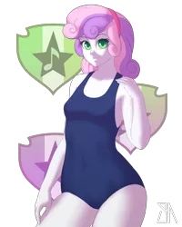 Size: 2400x3000 | Tagged: suggestive, artist:souladdicted, derpibooru import, sweetie belle, equestria girls, breasts, clothes, colored pupils, cutie mark, female, looking at you, older, one-piece swimsuit, pinup, simple background, smiling, solo, solo female, swimsuit, the cmc's cutie marks, transparent background