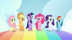 Size: 6001x3376 | Tagged: safe, artist:deratrox, derpibooru import, applejack, fluttershy, pinkie pie, rainbow dash, rarity, twilight sparkle, twilight sparkle (alicorn), alicorn, earth pony, pegasus, pony, unicorn, all bottled up, .ai available, .svg available, absurd resolution, best friends until the end of time, cute, eye contact, female, happy, looking at each other, mane six, mare, open mouth, rainbow, rainbow road, raised hoof, simple background, smiling, trotting, vector, wallpaper